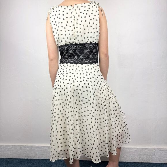 Vintage Y2K Mod Retro Polka Dot Lace Waist Babydoll Midi Dress Cream/Black Sz 8 - Picture 4 of 16